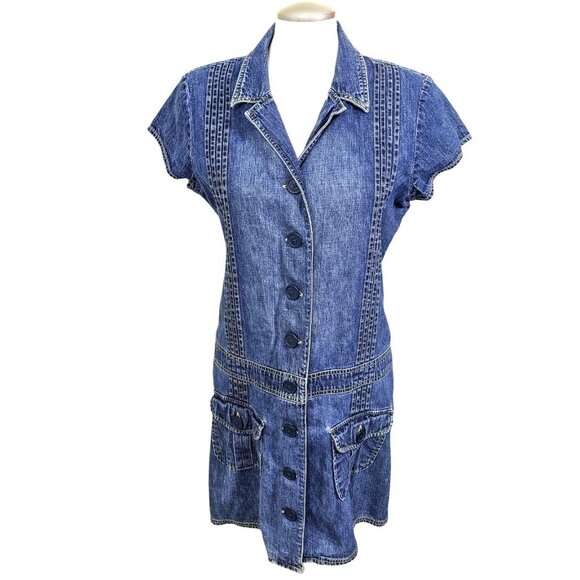 Vintage Y2K Old Navy Denim Shirt Dress Size 14 Short Sleeve Pockets Drop Waist - Picture 2 of 9